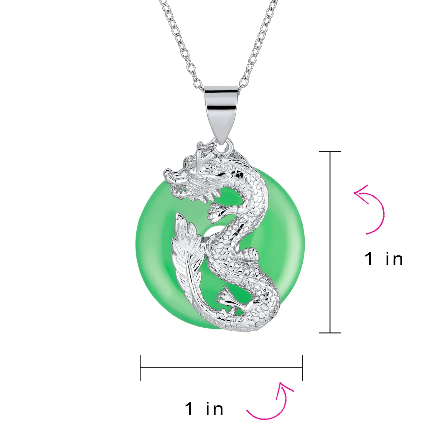 Asian Style Green Jade Dragon Pendant Necklace in Sterling Silver 18 Inch