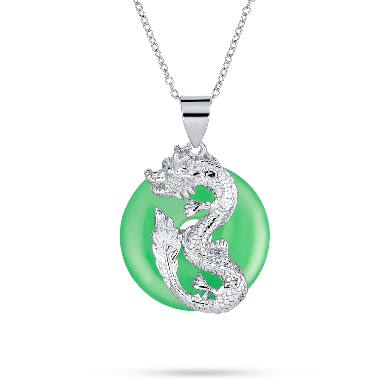 Asian Style Green Jade Dragon Pendant Necklace in Sterling Silver 18 Inch