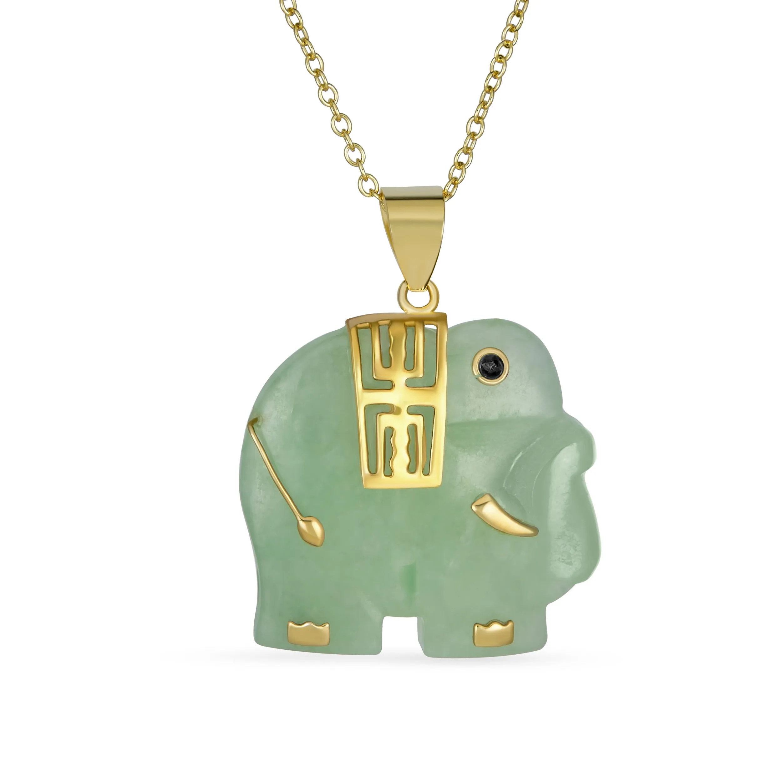 Bali Style Tribal Green Jade Elephant Pendant Necklace in 14K Gold 18 Inch