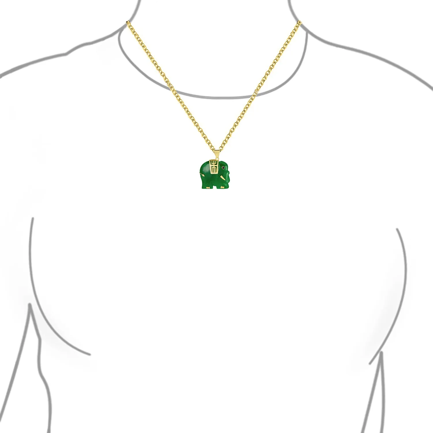 Bali Style Tribal Green Jade Elephant Pendant Necklace in 14K Gold 18 Inch