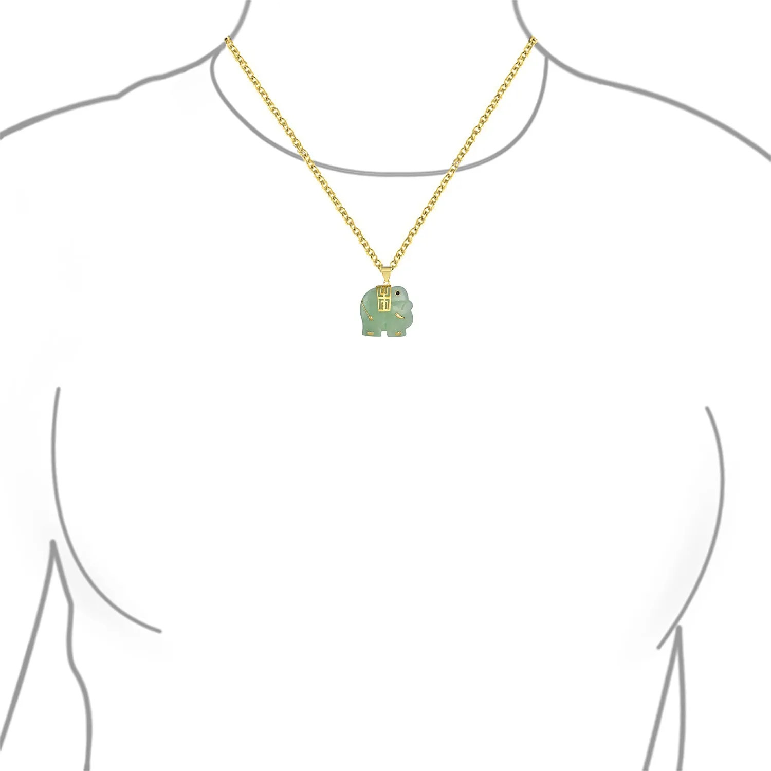 Bali Style Tribal Green Jade Elephant Pendant Necklace in 14K Gold 18 Inch