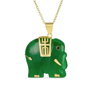 Bali Style Tribal Green Jade Elephant Pendant Necklace in 14K Gold 18 Inch