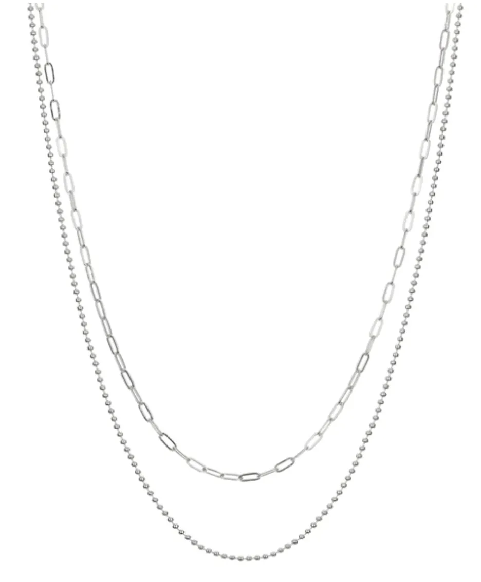 BEADED DOUBLE CHAIN CHARM NECKLACE- SILVER