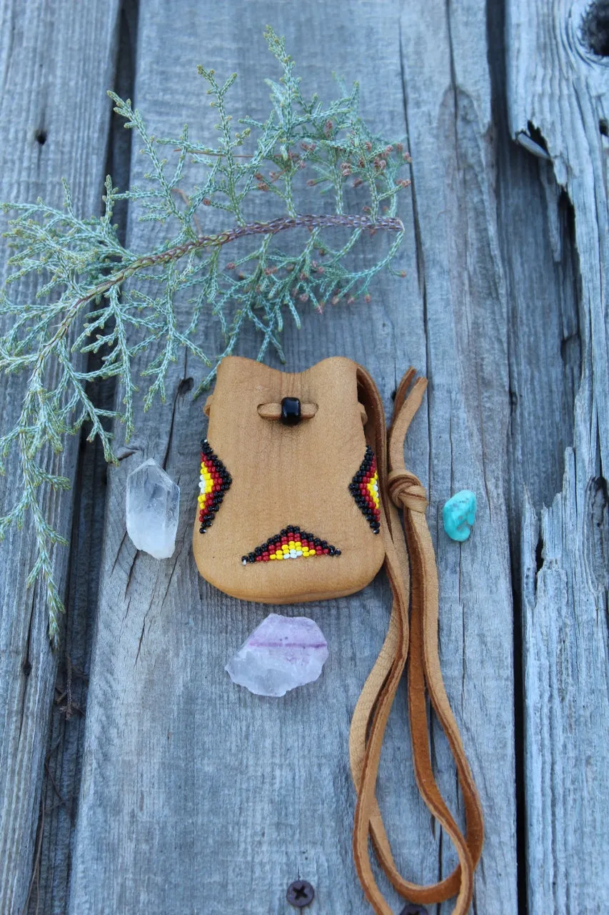 Beaded medicine bag, four directions buckskin bag