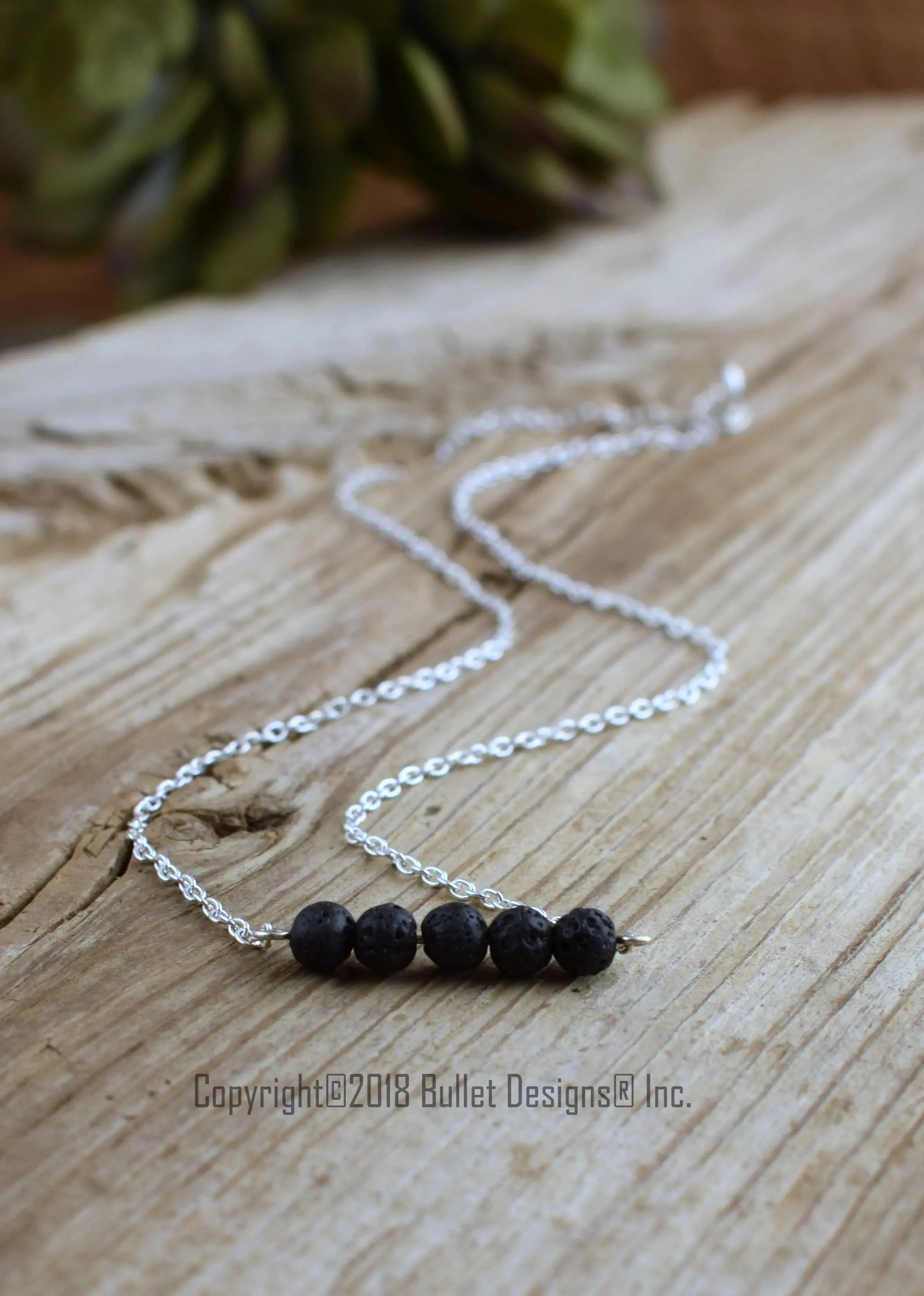 Black Lava Beads Bar Necklace, Sterling Silver, Essential Oil Diffuser Jewelery