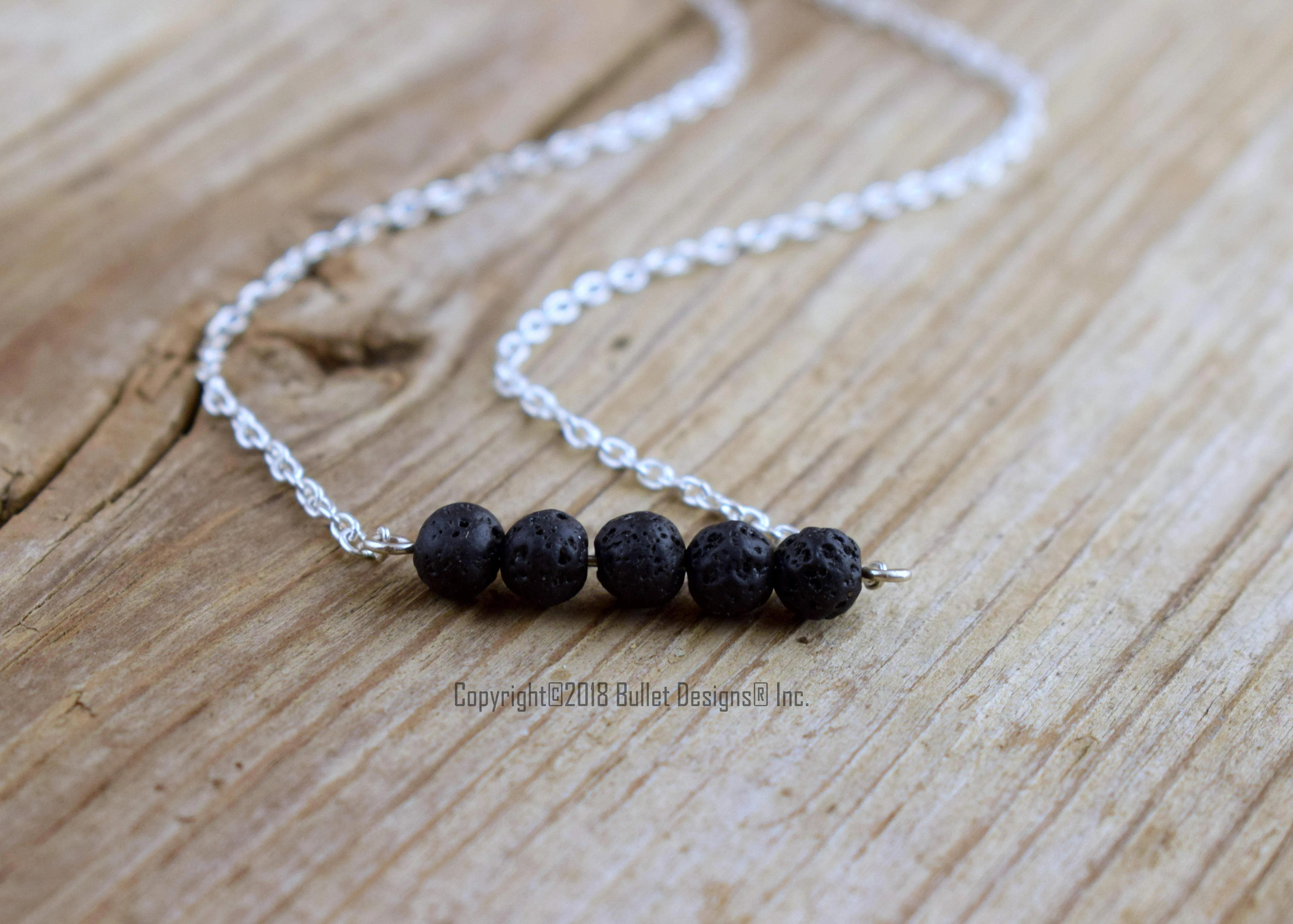 Black Lava Beads Bar Necklace, Sterling Silver, Essential Oil Diffuser Jewelery