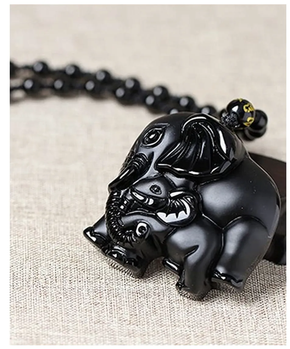 Black Obsidian Elephant Necklace Baby Elephant Family Pendant Jewelry Lucky Bead Chain Chord Gift 22in.