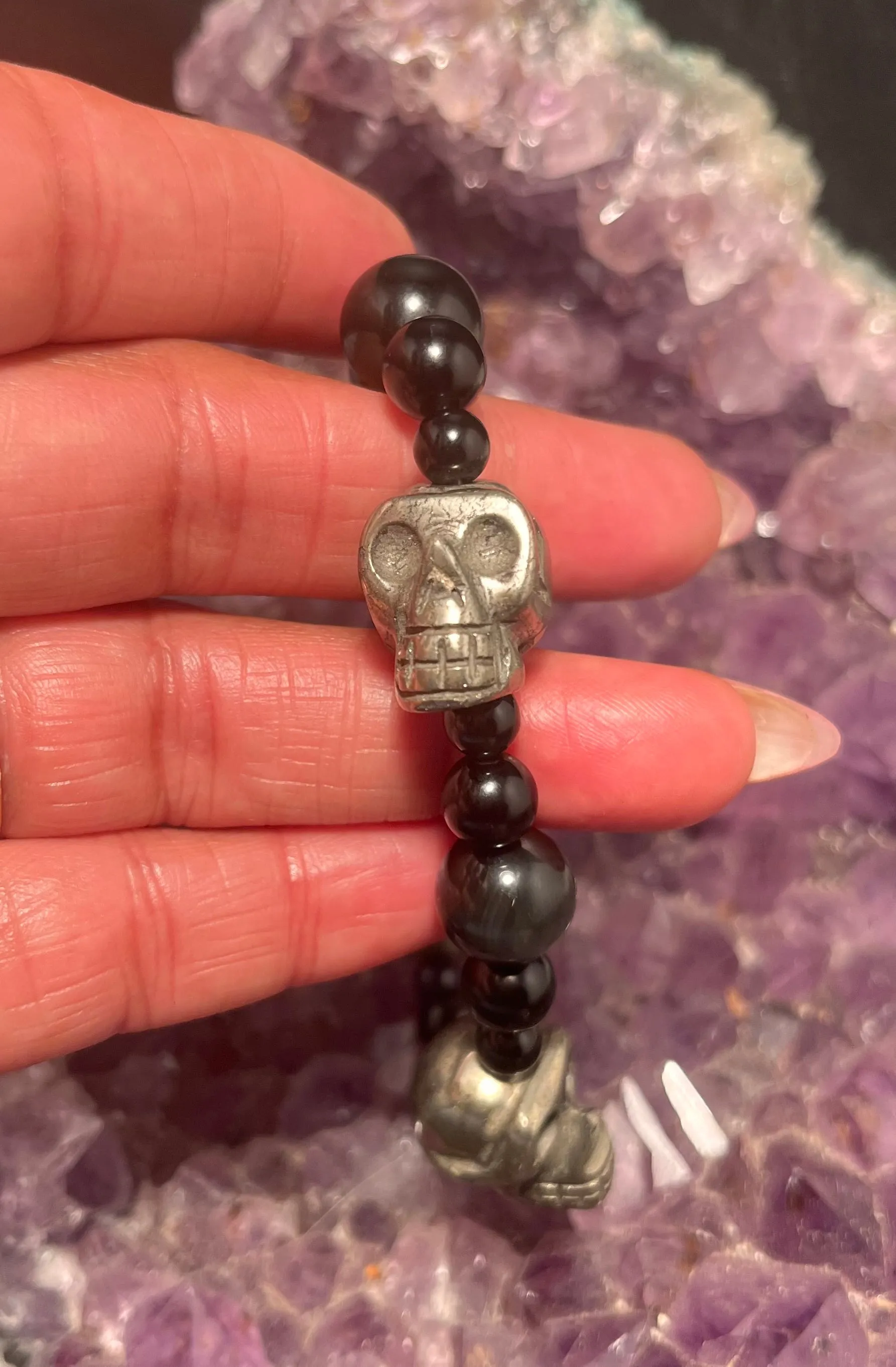 Black Obsidian Stretchy Bracelet with Pyrite Skulls