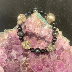 Black Obsidian Stretchy Bracelet with Pyrite Skulls