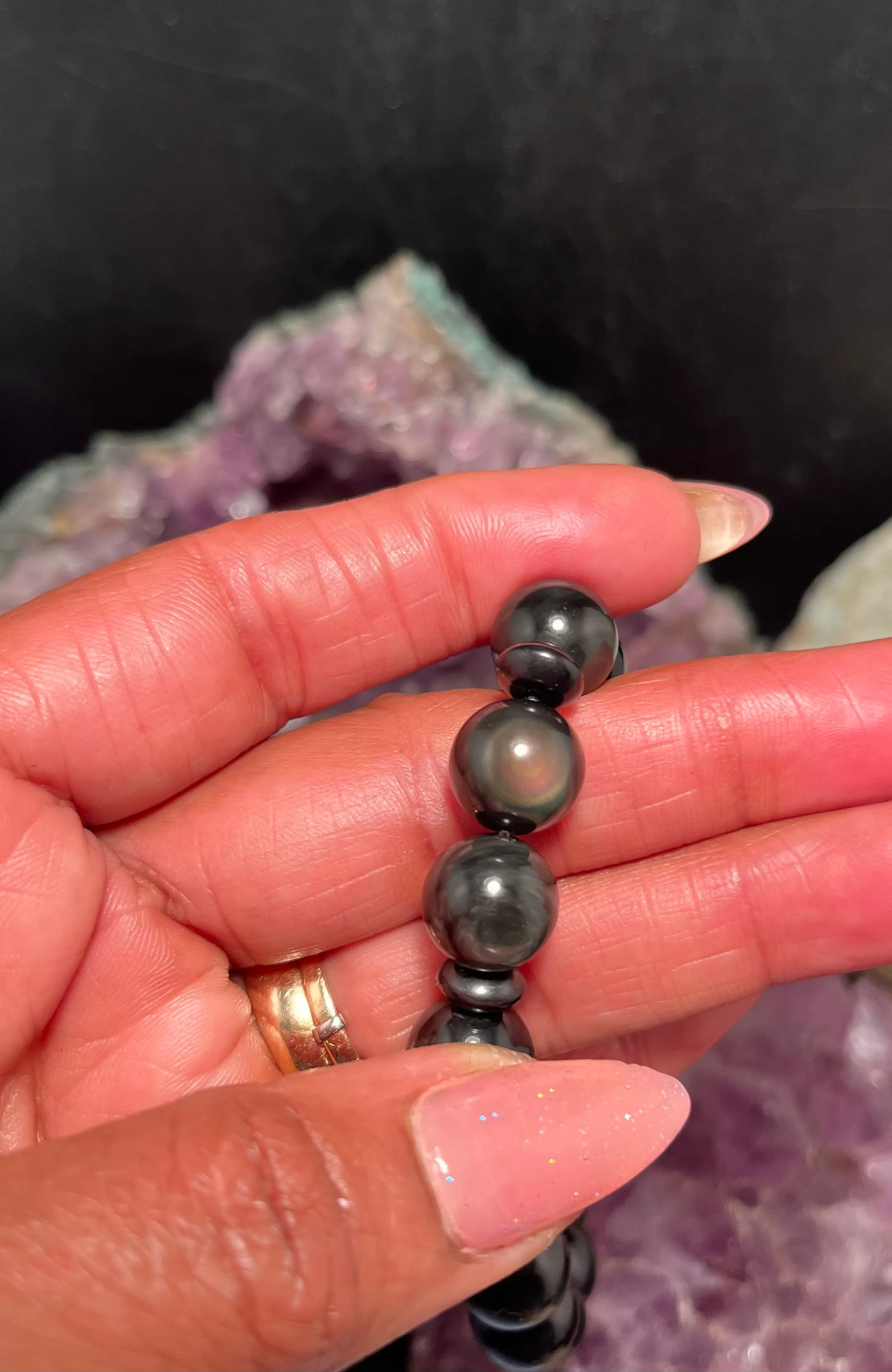 Black Obsidian Stretchy Bracelet with Pyrite Skulls