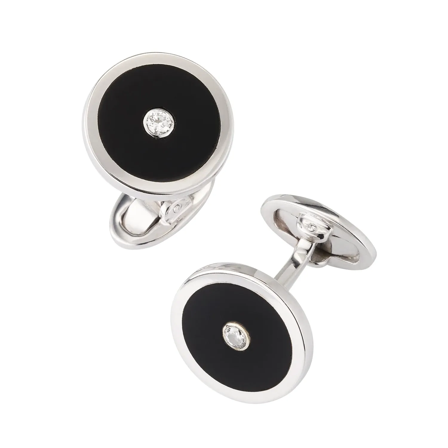 Black Onyx and Diamond Sterling Silver Round Cufflinks