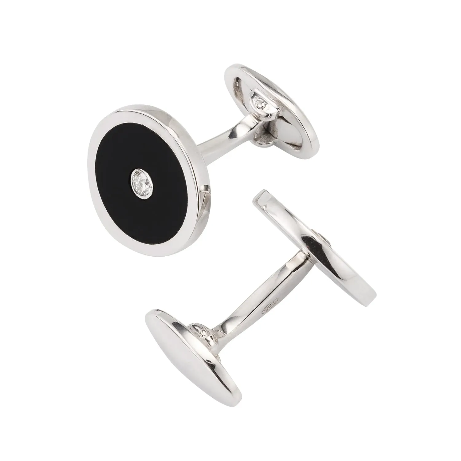 Black Onyx and Diamond Sterling Silver Round Cufflinks