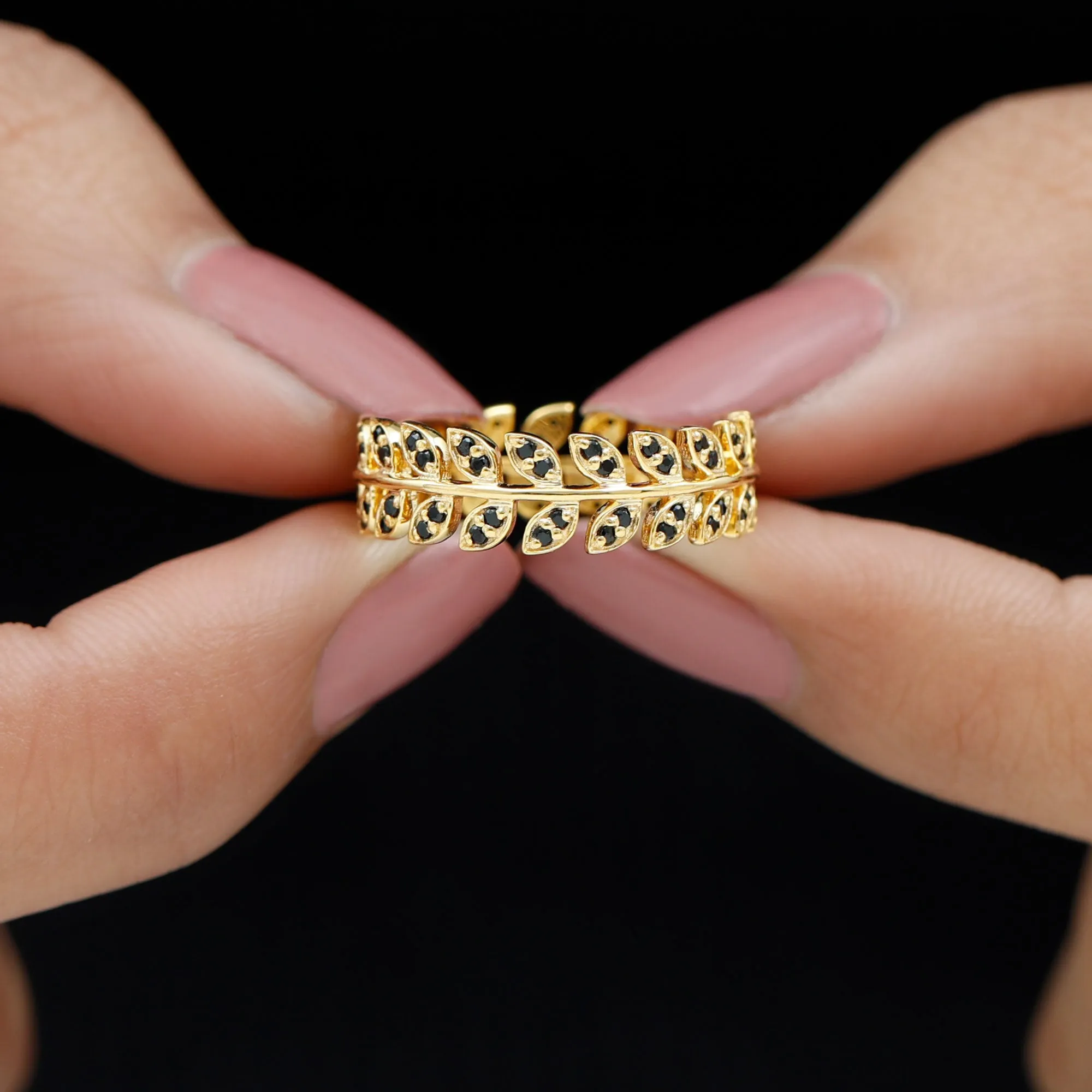 Black Onyx and Leaf Eternity Band Ring