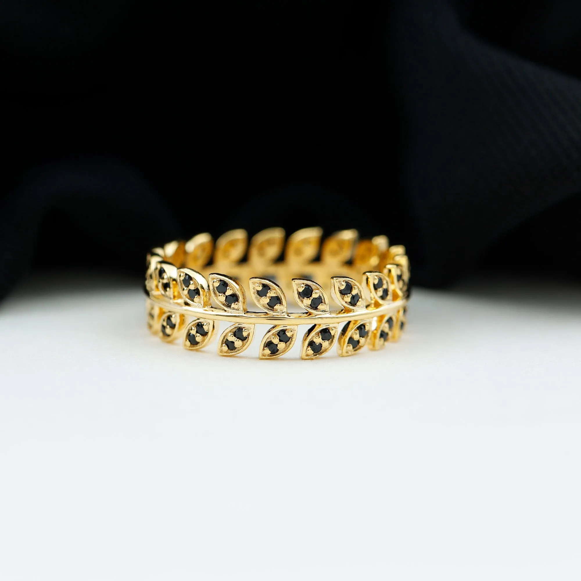 Black Onyx and Leaf Eternity Band Ring