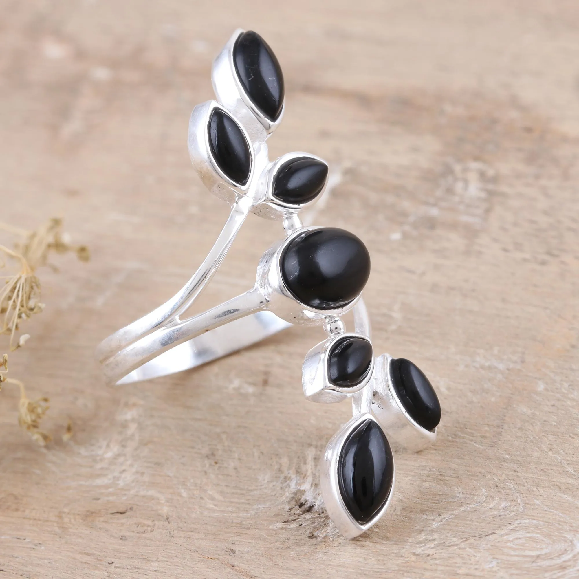 Black Onyx and Sterling Silver Cocktail Ring - Midnight Tree | NOVICA