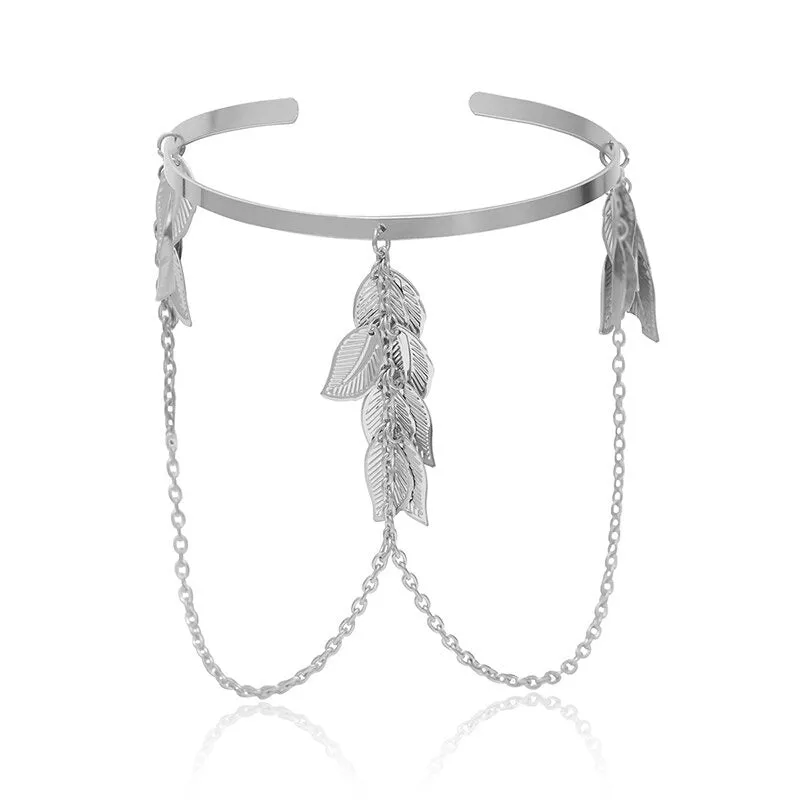 Bohemian Leaf and Chain Tassel Upper Arm Cuff Bangle Adjustable Bracelets