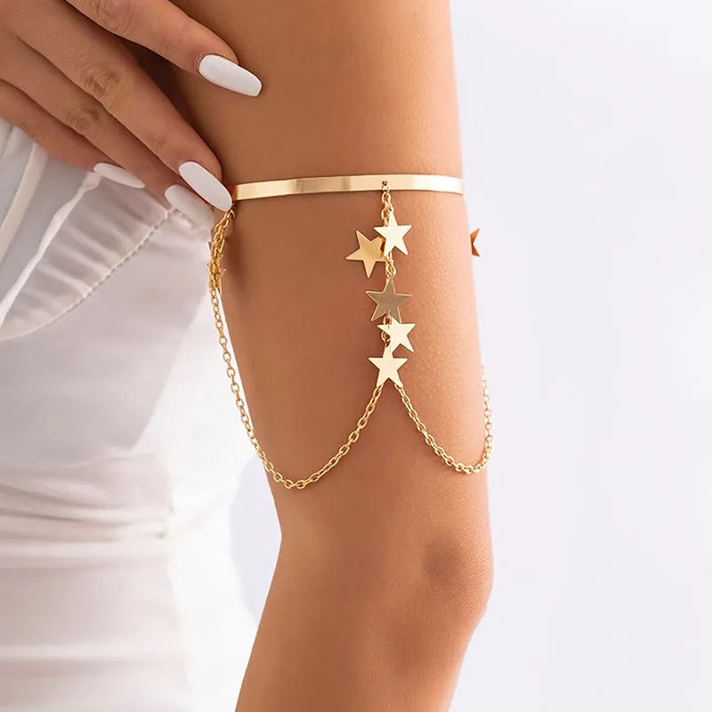 Bohemian Leaf and Chain Tassel Upper Arm Cuff Bangle Adjustable Bracelets