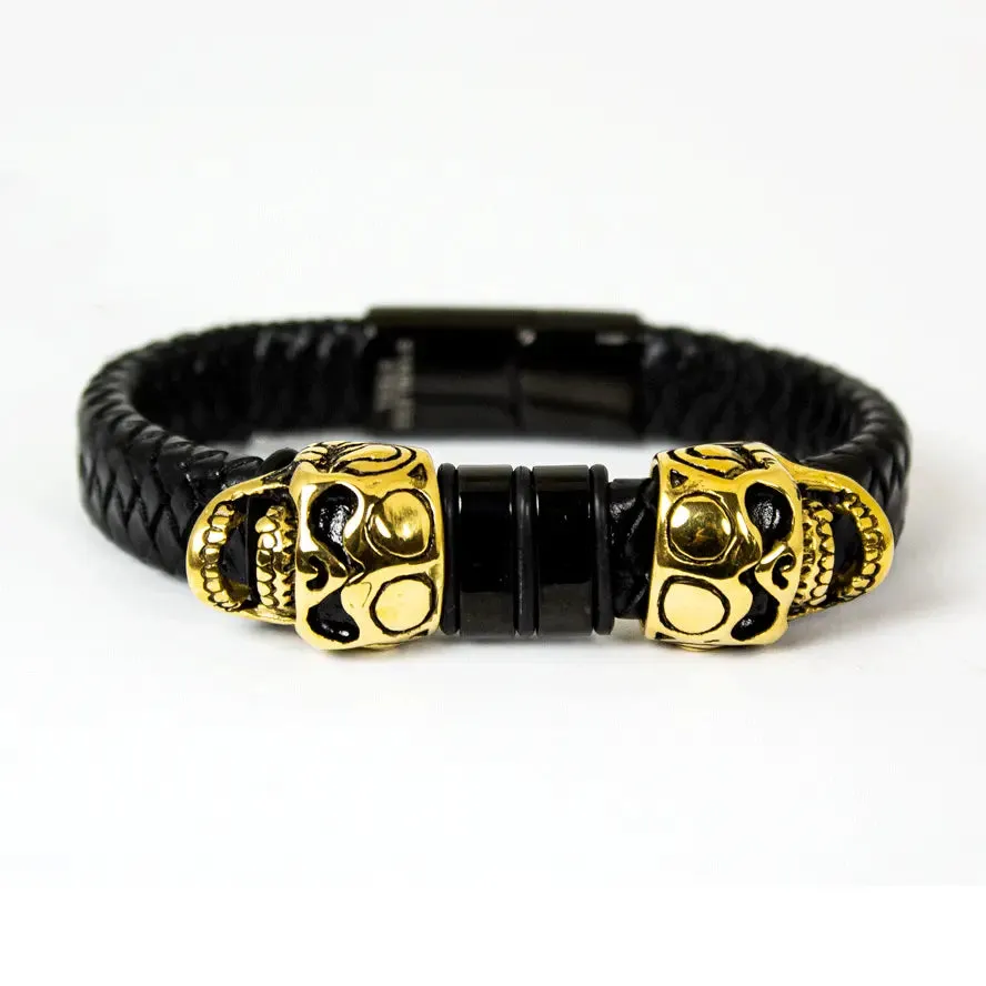 BOL Men's Braided Leather Skull Charm Bracelet