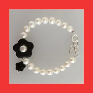 Bracelets: Onyx Flower & Freshwater Pearl