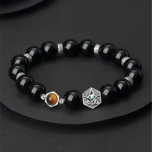 Buddha Stones 925 Sterling Silver Black Obsidian Tiger Eye Eye of Providence Purification Bracelet