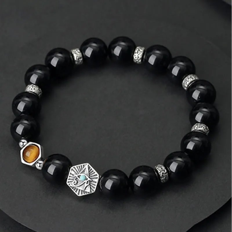 Buddha Stones 925 Sterling Silver Black Obsidian Tiger Eye Eye of Providence Purification Bracelet