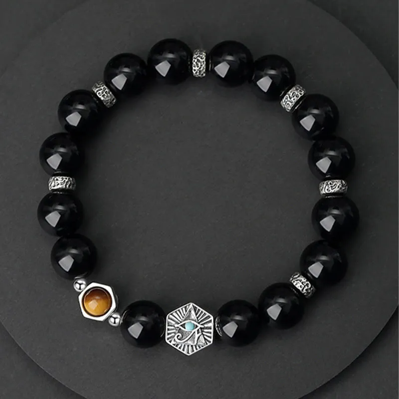 Buddha Stones 925 Sterling Silver Black Obsidian Tiger Eye Eye of Providence Purification Bracelet