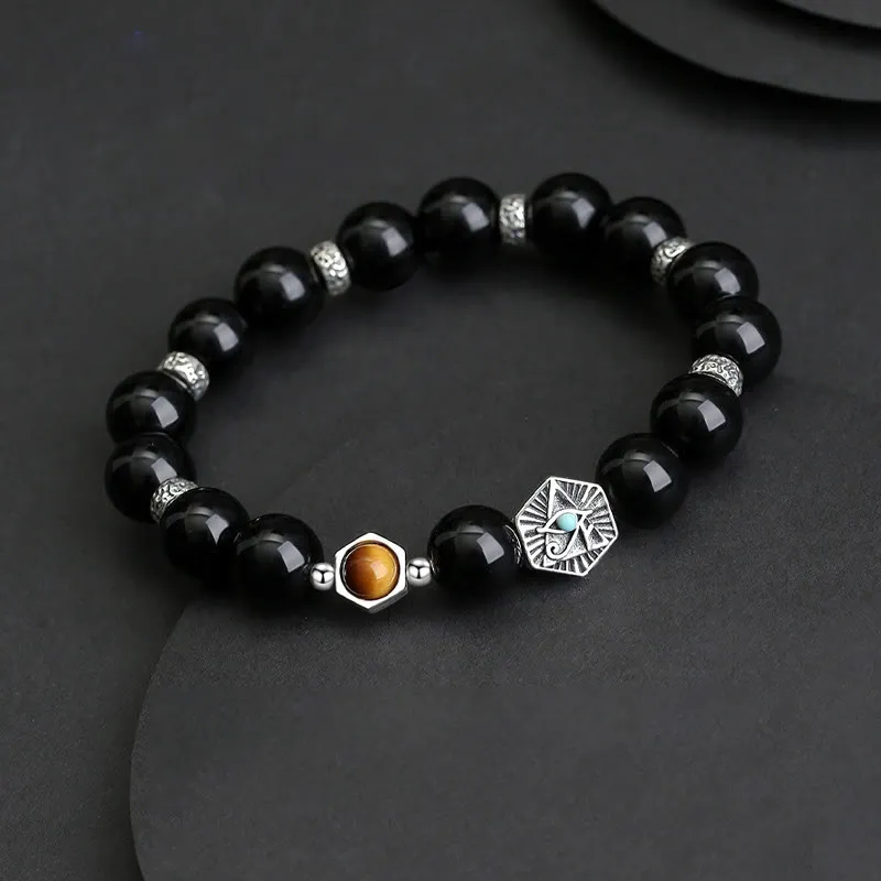 Buddha Stones 925 Sterling Silver Black Obsidian Tiger Eye Eye of Providence Purification Bracelet