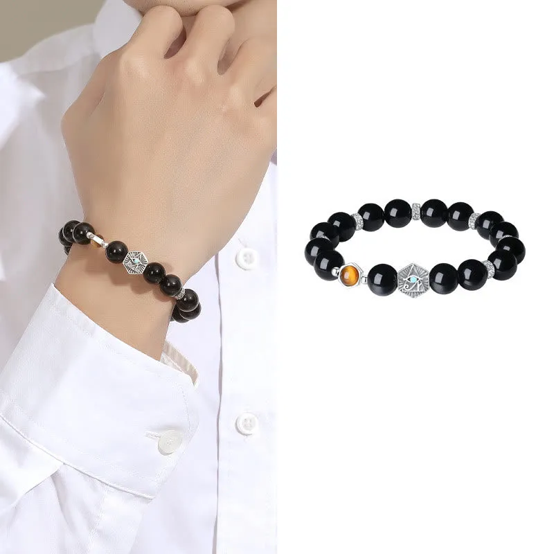 Buddha Stones 925 Sterling Silver Black Obsidian Tiger Eye Eye of Providence Purification Bracelet