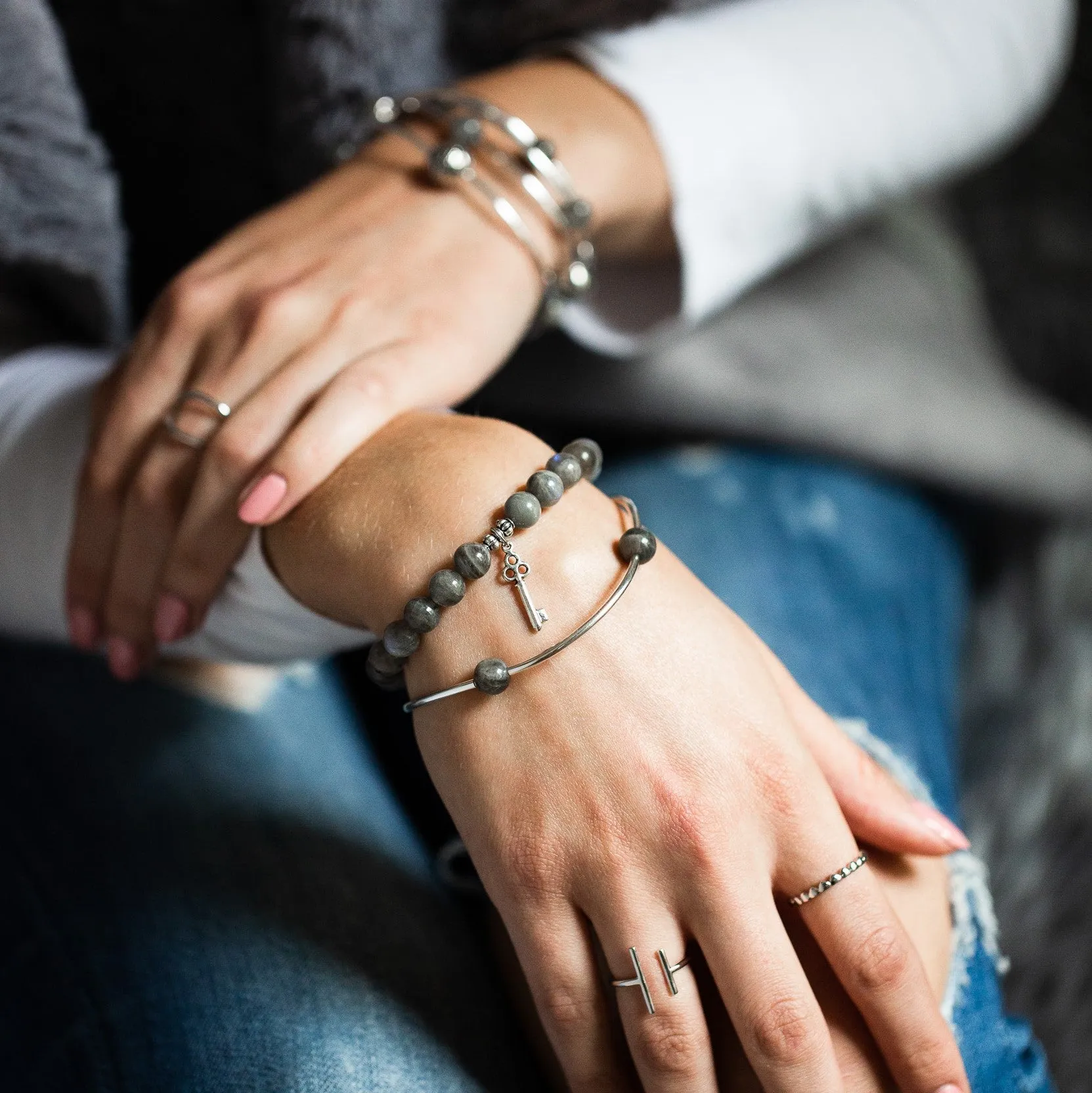 Caduceus (Medical Symbol) | Stone Beaded Charm Bracelet |  Onyx