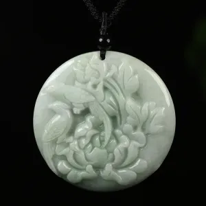 Certified Grade A Green Natural Jadeite Jade Pendant Handmade Birds Flower Necklace