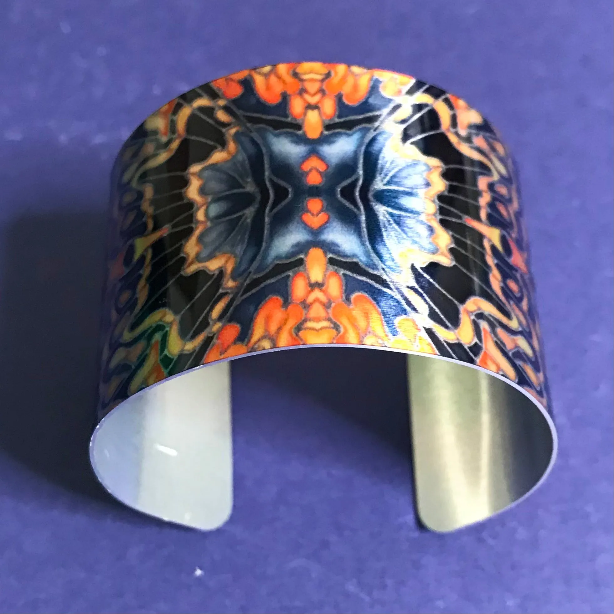 Charcoal Blue Orange Butterfly Moth Cuff Bracelet - Comtemporary Green Bangle - easy wear lightweight aluminium.