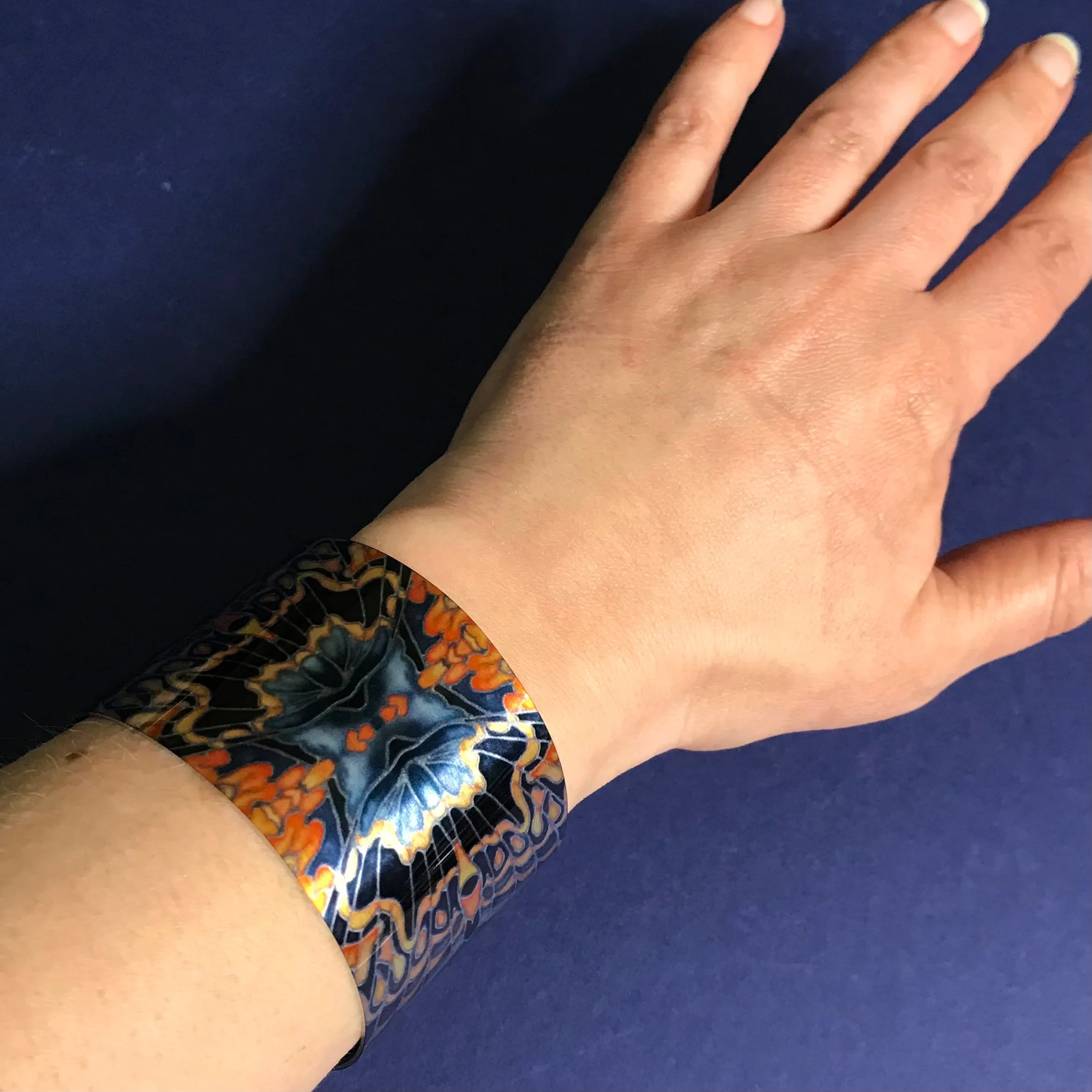 Charcoal Blue Orange Butterfly Moth Cuff Bracelet - Comtemporary Green Bangle - easy wear lightweight aluminium.