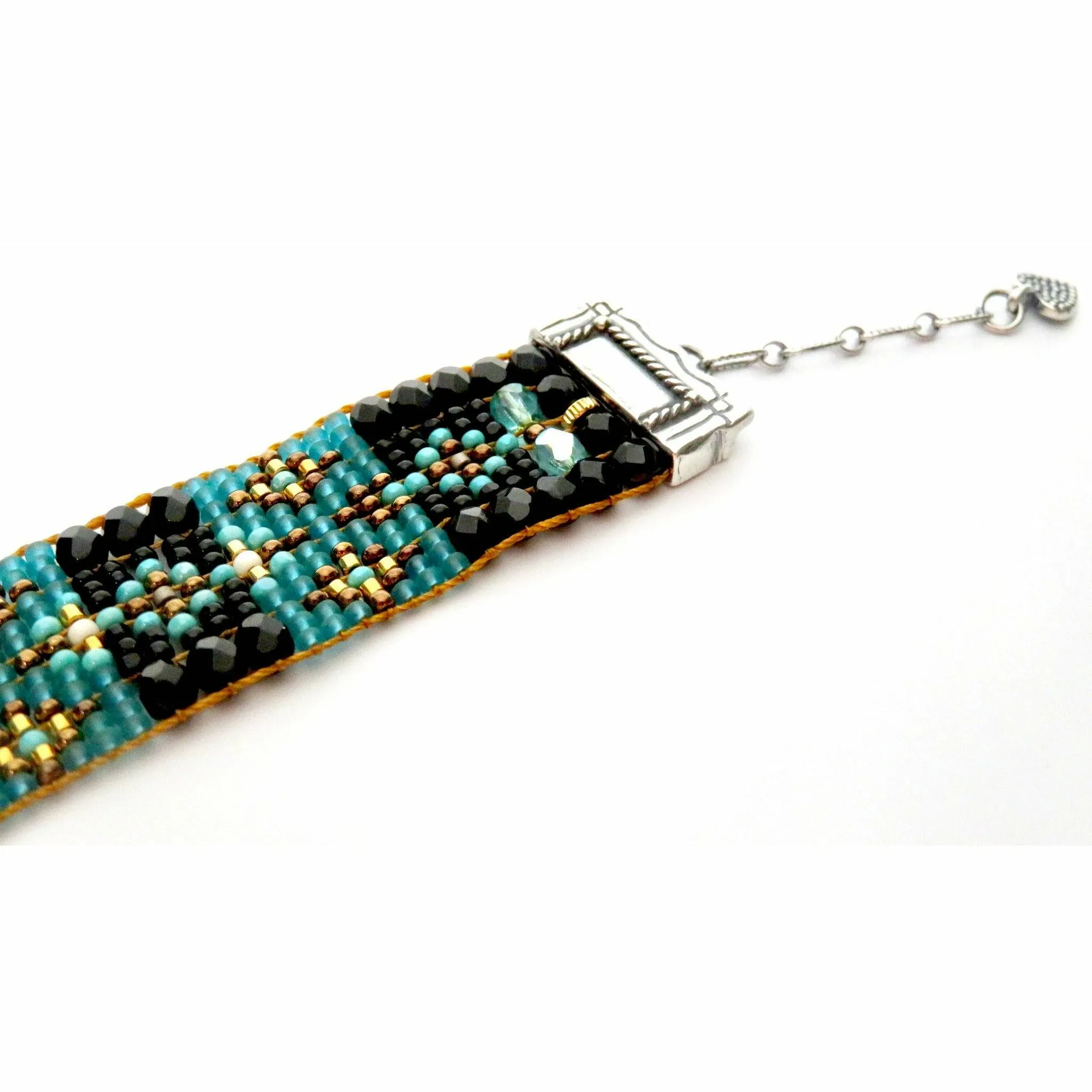 Chili Rose Silver Blue & Black Jet Tiffany  Beaded Bracelet