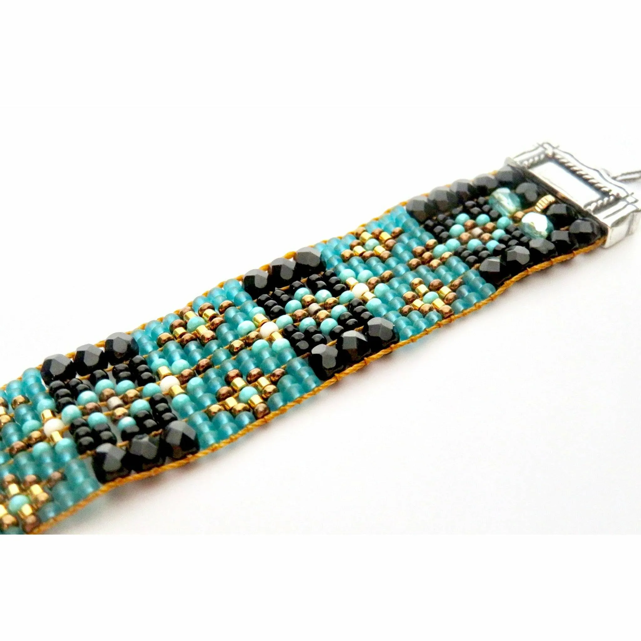 Chili Rose Silver Blue & Black Jet Tiffany  Beaded Bracelet