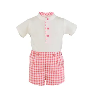 CLEARANCE SALE - Miranda - Boys Coral and White Check Shorts & Shirt Set 524-23