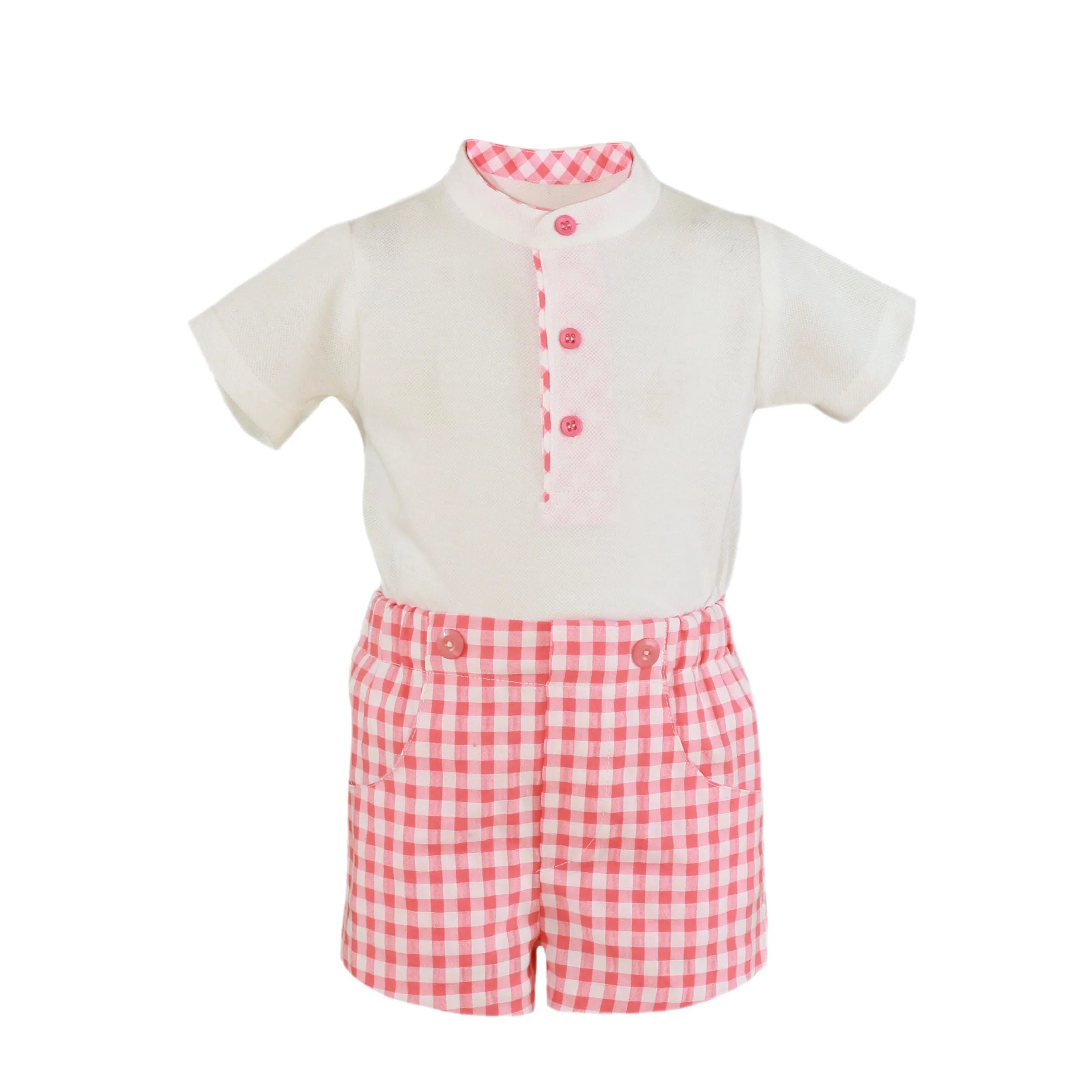 CLEARANCE SALE - Miranda - Boys Coral and White Check Shorts & Shirt Set 524-23