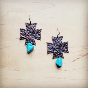 Copper Cross Earrings w/ Blue Turquoise Chunks