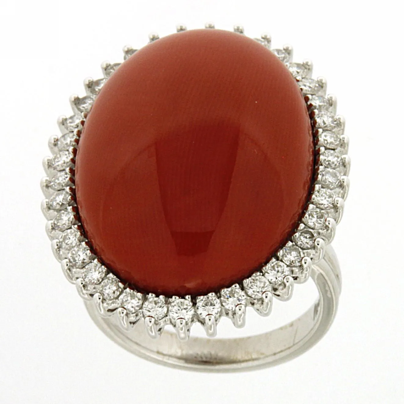 Coral and diamond halo ring