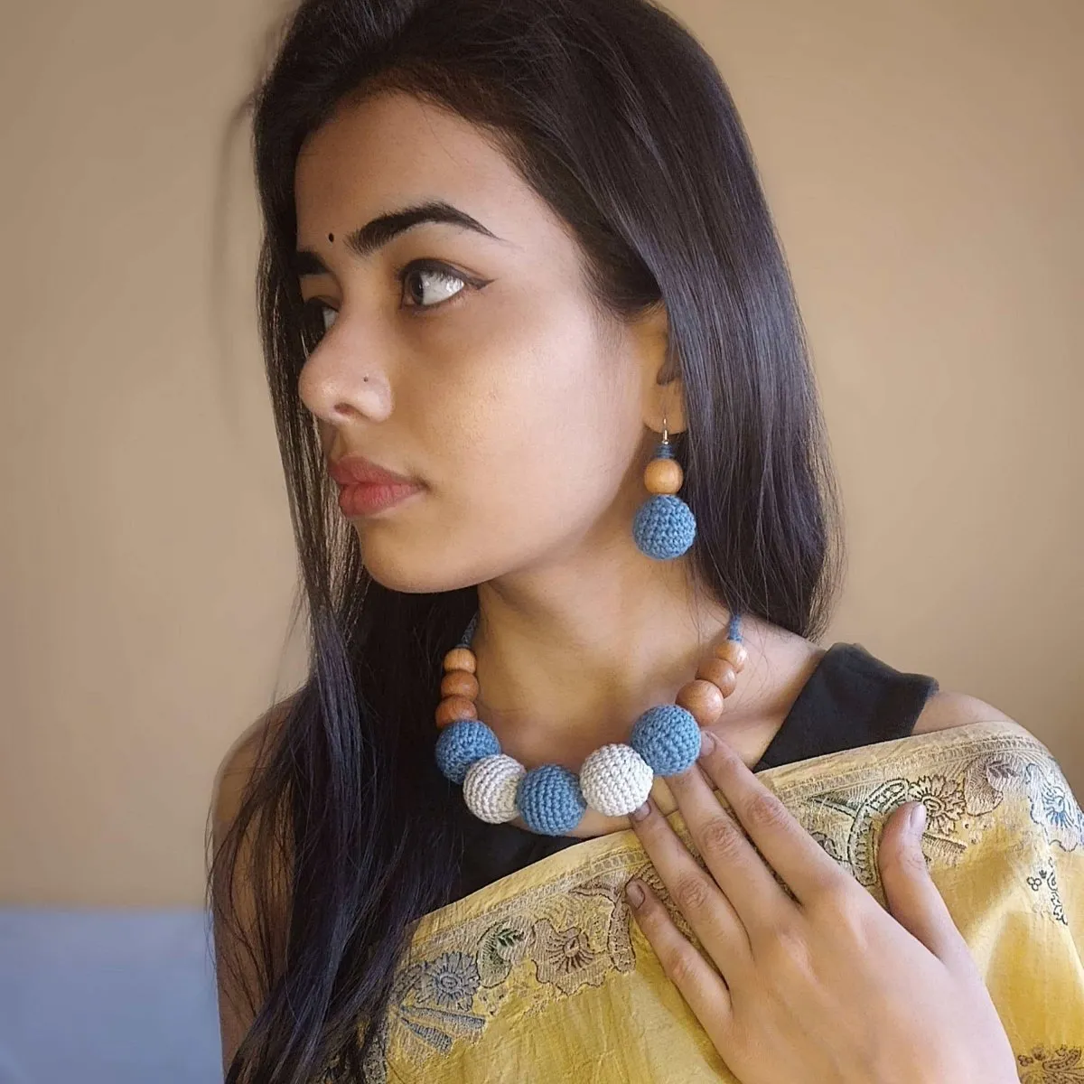 Crochet and Wooden Bead Necklace with Earrings