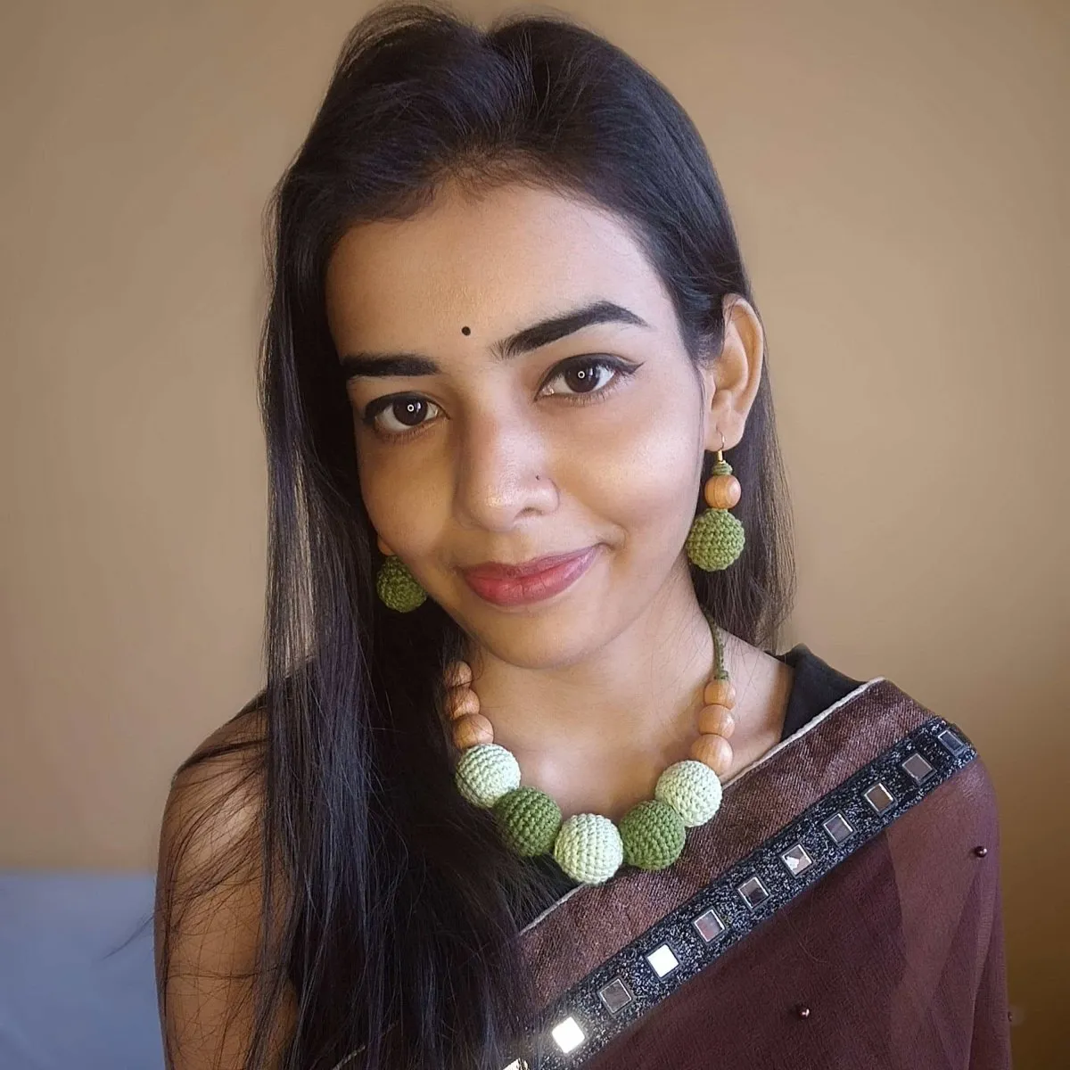 Crochet and Wooden Bead Necklace with Earrings