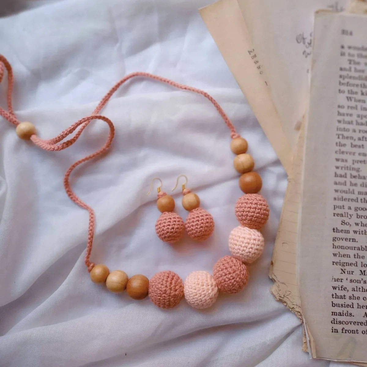 Crochet and Wooden Bead Necklace with Earrings