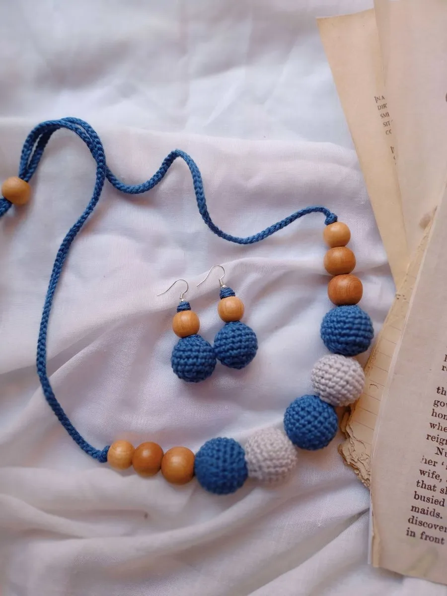 Crochet and Wooden Bead Necklace with Earrings