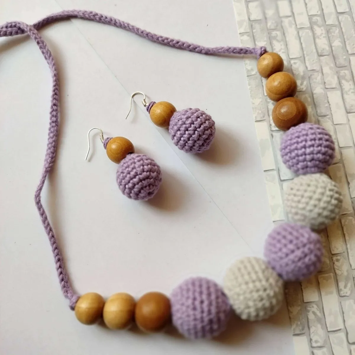 Crochet and Wooden Bead Necklace with Earrings