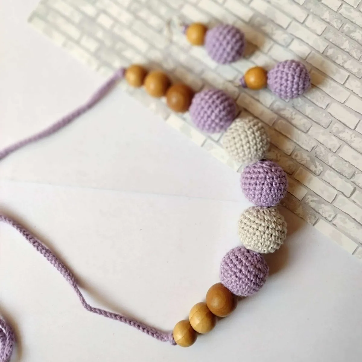 Crochet and Wooden Bead Necklace with Earrings