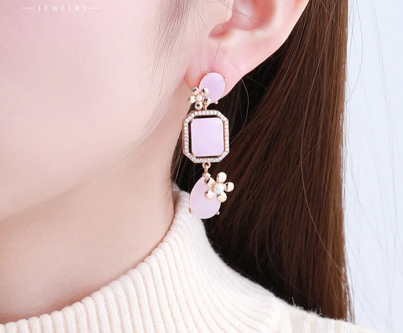 Cross-Border Jewelry Pink Geometric Imitation Jade Flower Style High-Quality Earrings