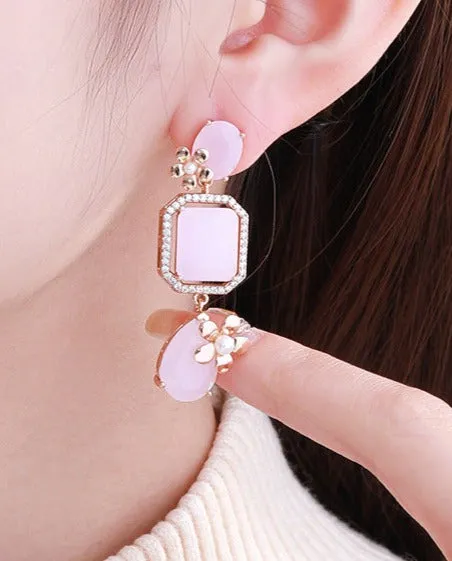 Cross-Border Jewelry Pink Geometric Imitation Jade Flower Style High-Quality Earrings