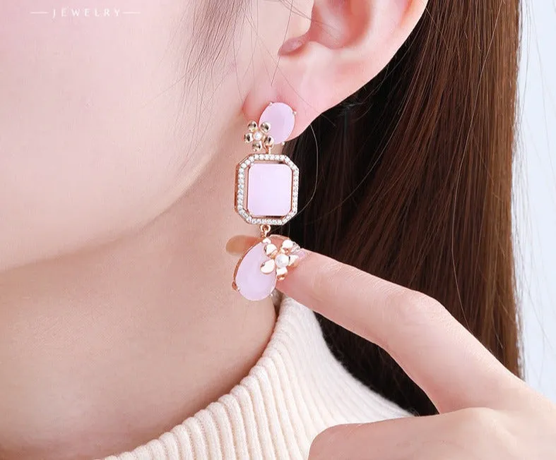 Cross-Border Jewelry Pink Geometric Imitation Jade Flower Style High-Quality Earrings