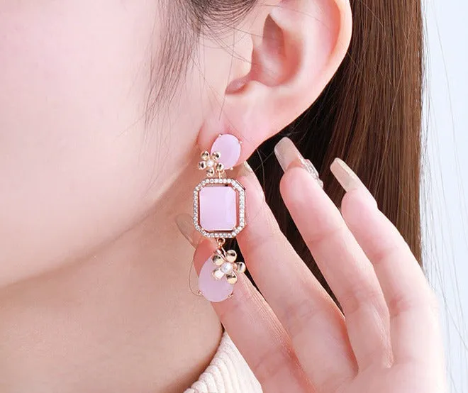 Cross-Border Jewelry Pink Geometric Imitation Jade Flower Style High-Quality Earrings