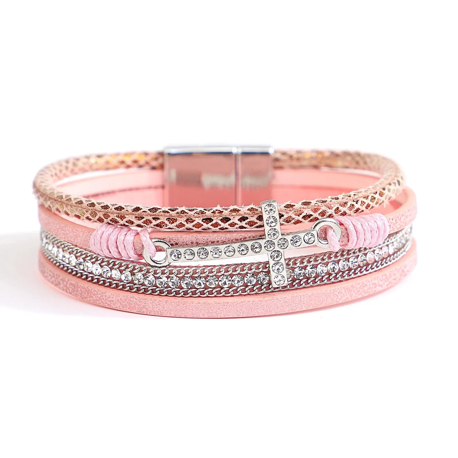 'Cross' Charm and Rhinestones Cuff Bracelet - pink