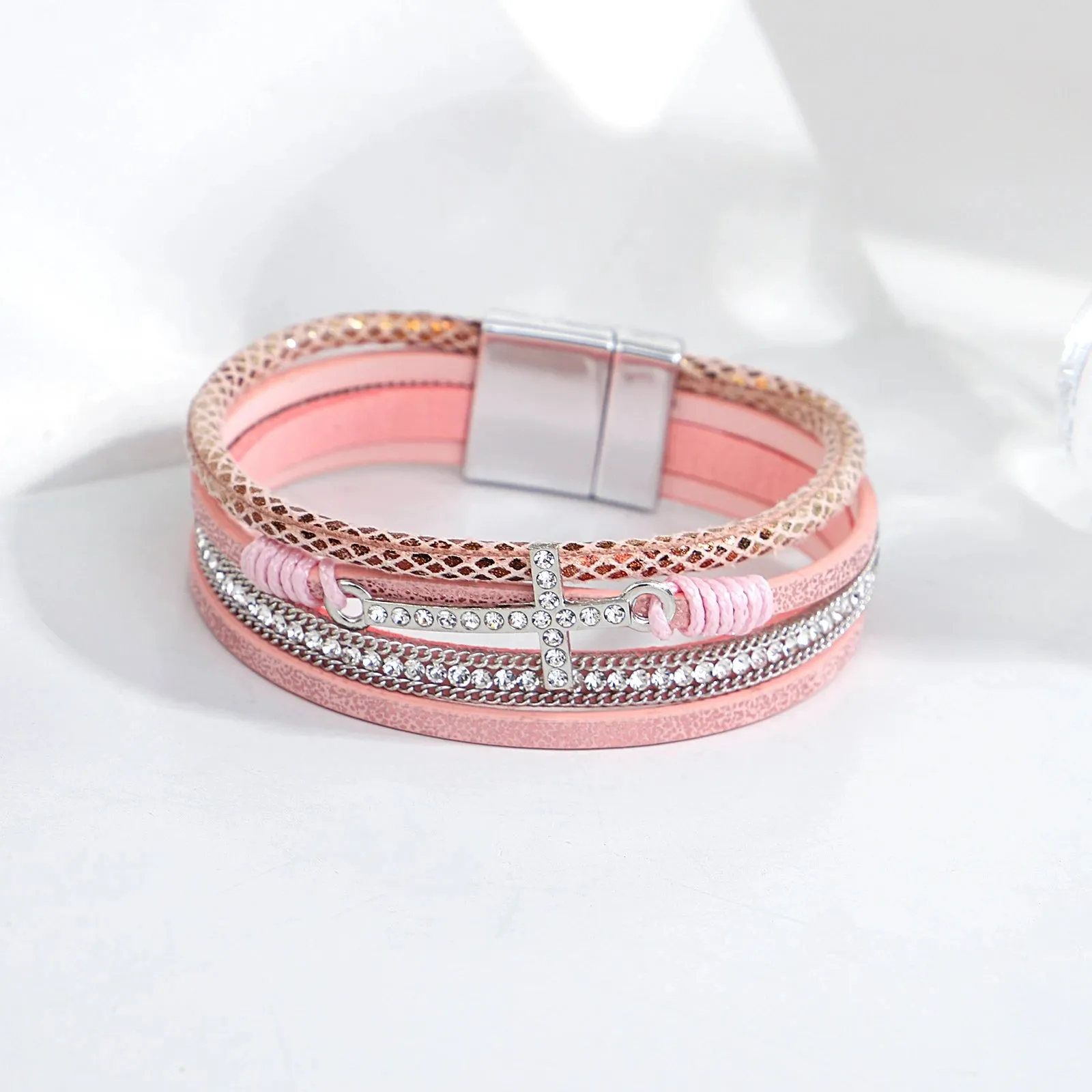 'Cross' Charm and Rhinestones Cuff Bracelet - pink